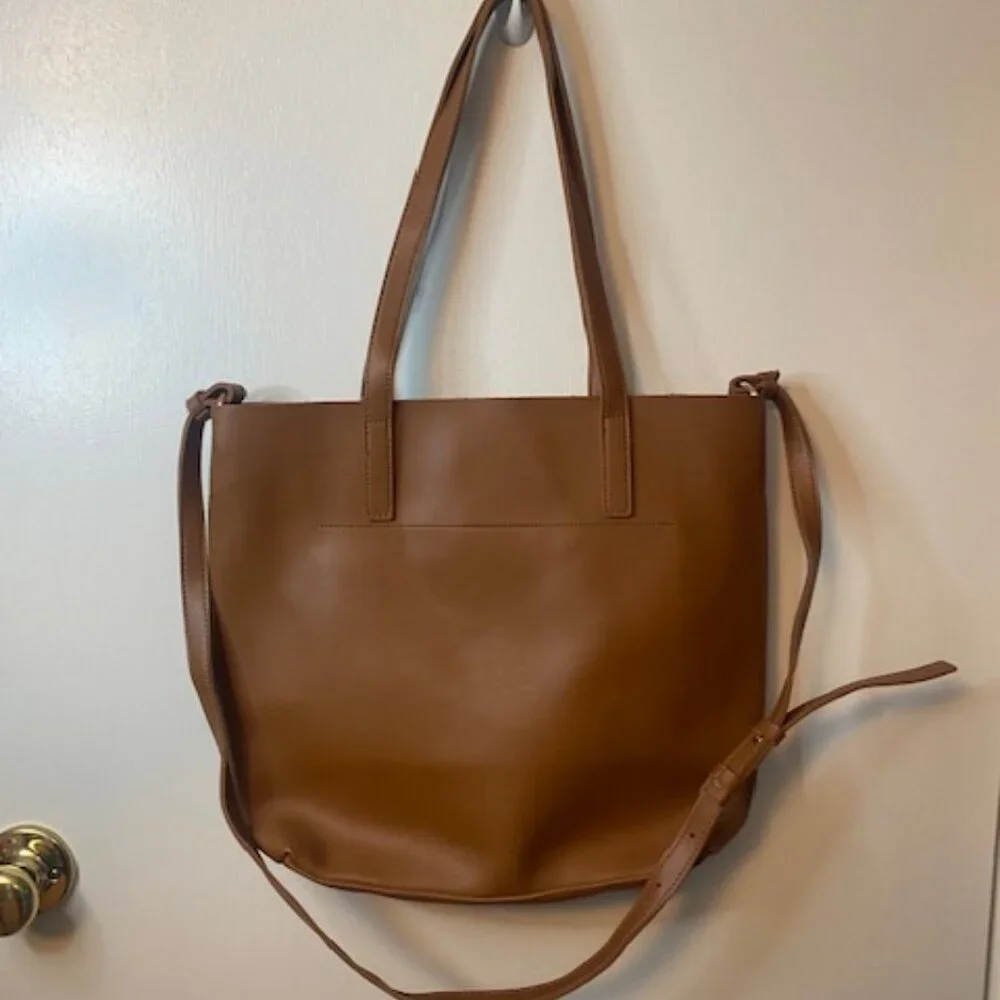 HENNY + LEV Cognac Brown Vegan Leather Everyday Tote Purse Bag Crossbody